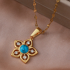 Vintage 304 Stainless Steel & Synthetic Turquoise Flower Pendant Necklaces with Crystal Rhinestone for Women&nbsp;LS-RQ4537