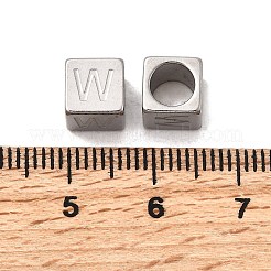 304ステンレススチールヨーロピアンビーズ  大穴ビーズ  文字付きのキューブ  文字W  7x7x7mm  穴：5mm&nbsp;STAS-D382-02W-P