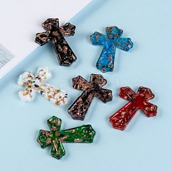 手作りゴールドパウダー入りランプワークビッグサイズペンダントトップ  クロス  ミックスカラー  60x48x6mm  穴：4mm  12個/箱&nbsp;LAMP-S098-2-B
