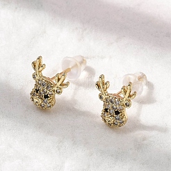 Deer Brass Micro Pave Clear Cubic Zirconia Stud Earrings&nbsp;EJEW-A146-03G