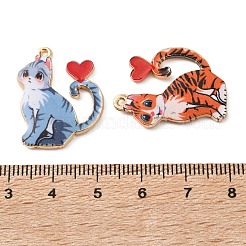 印刷された合金エナメルペンダント  猫の形とハートのチャーム  ゴールドカラー  ミックスカラー  26x19.5x1.8mm  穴：1.5mm&nbsp;FIND-G118-04G