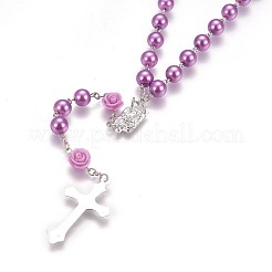Glass Imitation Pearl Rosary Bead Necklace for Easter&nbsp;NJEW-WH0005-06