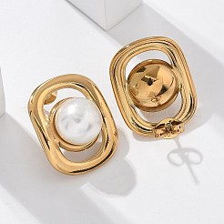 304ステンレススチール製オーバルスタッドピアス  プラスチックパール付き  イオンプレーティング（ip）  ゴールドカラー  21.5x17mm&nbsp;EJEW-L287-063G