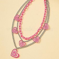 Acrylic Pink Glitter Heart Pendant 304 Stainless Steel Chain 3 Layer Necklaces for Women&nbsp;FS-WG9B734-01