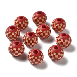 木製レーザー彫刻タータンチェックビーズ  ラウンド  染め  DIYクラフト用  暗赤色  15.5~16x14.5mm  穴：4.5mm&nbsp;WOOD-I011-01B-03
