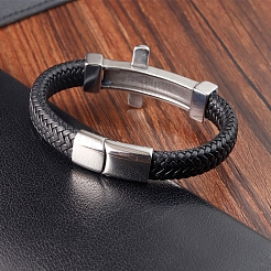 編み込み合成皮革コードブレスレット  男性用クロスステンレススチールリンク  ブラック  8-1/4インチ（21cm）&nbsp;PW-WGD5038-01