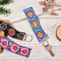ポリエステルの花柄刺繍ジャカードリボンキーホルダー  鉄のリング付き  ミックスカラー  17.5cm  3個/セット&nbsp;KEYC-TAC00045
