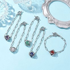 ラウンドミックスジェムストーンリンクマクラメポーチブレスレット  304ステンレススチールペーパークリップチェーンブレスレット女性男性用  ステンレス鋼の色メッキ  7-5/8インチ（19.4cm）&nbsp;BJEW-JB10275