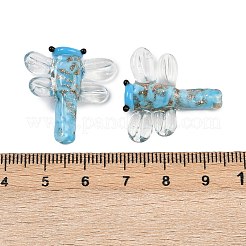 透明なランプワークビーズ  手作りのフォイルのガラスビーズ  トンボ  ブルー  24~25x22~23x6~7.5mm  穴：1.1~1.2mm&nbsp;FOIL-I017-01B
