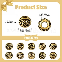 20個10スタイルチベットスタイル合金ヨーロピアンビーズ  大穴ビーズ  中空rondelle  アンティーク黄金  10~12x8.5~9mm  穴：4.5~5mm  2個/スタイル&nbsp;FIND-YW0013-03