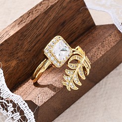 女性用真鍮マイクロパヴェクリアキュービックジルコニアカフリング  リーフ＆四角  ゴールドカラー  3~20mm  内径：19mm&nbsp;LS-RJEW-C118-07G