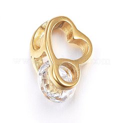 キュービックジルコニアチャーム  304ステンレススチール製金具付き  ハート  透明  ゴールドカラー  10x9x5mm  穴：4x3mm&nbsp;STAS-P216-06G