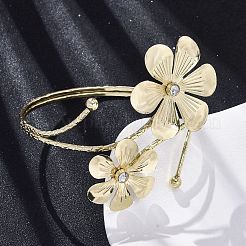 女性用フラワー合金アームカフバングル  ラインストーン付き  ゴールドカラー  内径：3-1/4インチ（8.15cm）&nbsp;LS-AJEW-A063-01A-G