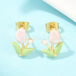 花真鍮エナメルスタッドのピアス  ABSの模造パールと  長持ちメッキ  鉛フリー＆カドミウムフリー  18KGP本金メッキ  緑黄  13x10mm&nbsp;LS-EJEW-T051-08B