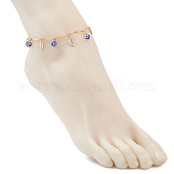 Handmade Evil Eye Lampwork & Stainless Steel Leaf Tassel 304 Stainless Steel Curved Bar Link Chain Anklets for Women&nbsp;AJEW-AN00742-02