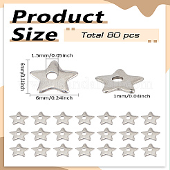 304ステンレススチールチャーム80個  スター  ステンレス鋼色  6x6x1mm  穴：1.5mm&nbsp;STAS-LP0002-66