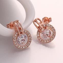 リアルローズゴールドメッキ平皿スズ合金キュービックジルコニアスタッドピアス  透明  17x12mm&nbsp;EJEW-BB08554-RG