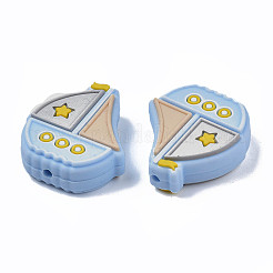 食品グレードの環境に優しいシリコーン焦点ビーズ  ボート  ライトスカイブルー  28x25x9mm  穴：2mm&nbsp;LS-SIL-N002-12C