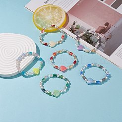 子供のためのアクリル ハート & ガラス パール ビーズ ストレッチ ブレスレット  ミックスカラー  内径：1-3/4インチ（4.6~5.1cm）&nbsp;BJEW-JB08391