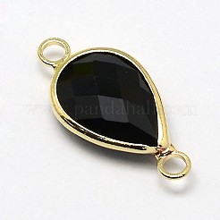 ゴールデントーン真鍮ガラスティアドロップリンクコネクター  ブラック  21x11x5mm  穴：2mm&nbsp;GLAA-J010A-HF20-G