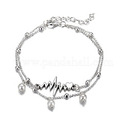 Alloy Heartbeat & Plastic Pearl Bead Tassel Double Layer Anklets for Women&nbsp;FS-WG27204-01