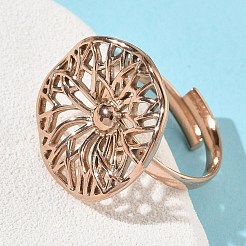 調節可能な304ステンレススチールカフリング  花  イオンプレーティング（ip）  ローズゴールド  20x19mm  内径：17mm&nbsp;RJEW-Z121-01RG-02