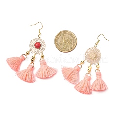Flat Round 304 Stainless Steel Polycotton Tassel Chandelier Earrings&nbsp;EJEW-JE06452-01