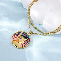 304 Stainless Steel & Plastic Colorful Flat Round Pendant Double Layer Necklaces for Women&nbsp;NJEW-U032-05G