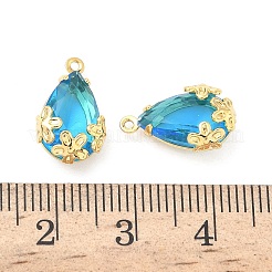 真鍮製ガラスチャーム  花と涙のチャーム  ニッケルフリー  18KGP本金メッキ  多面カット  空色  15x9.5x5.5mm  穴：1mm&nbsp;KK-Z136-07G-02