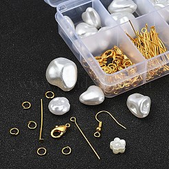 DIYジュエリーセット製作キット  ナゲット＆フラットラウンド＆ハート＆フラワーABSプラスチックイミテーションパールビーズを含む  合金の留め金  鉄の留め金＆ピン＆ピアスフック＆チェーン  ホワイト  ビーズ：46個/箱&nbsp;DIY-YW0003-56