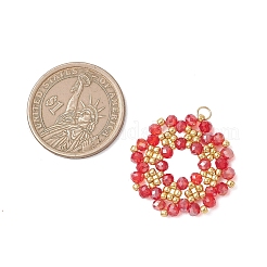 電気メッキガラスチャーム  花のチャーム  多面カット  東邦シードビーズ付き  レッド  28~28.5x3.5mm  丸カン：4x0.5ミリ  内径：3.2mm&nbsp;PALLOY-MZ01212-02