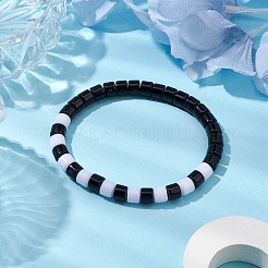 女性用ツートンアクリルコラムビーズストレッチブレスレット  ホワイト  ブラック  内径：2インチ（5cm）&nbsp;BJEW-JB10785