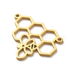 304ステンレススチールコネクタチャーム  レーザー切断  ハチの巣とハチのリンク  18KGP本金メッキ  17.5x22x1mm  穴：1.2mm&nbsp;STAS-O005-03G
