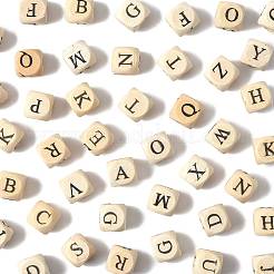 208個 26種類のプリント天然木ビーズ  水平穴  頭文字を持つキューブ  パパイヤホイップ  a～zの文字  10x10x10mm  穴：3.5mm  8個/スタイル&nbsp;WOOD-FS0001-51