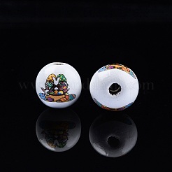 イースターのテーマのプリント木製ビーズ  ラウンド  ミックスカラー  イースターのテーマ模様  15.5~16x15mm  穴：3.5mm&nbsp;WOOD-D006-02