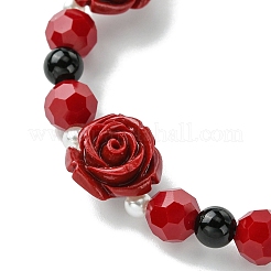 Synthetic Coral Rose Flower & Opaque Glass Beads & ABS Plastic Imitation Pearl Beaded Stretch Bracelets for Women&nbsp;BJEW-JB10748