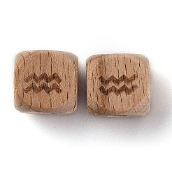 天然木の星座ビーズ  キューブ  水瓶座  12x12x12mm  穴：4mm&nbsp;WOOD-M002-11