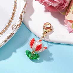 花のガラスシードビーズペンダント装飾  バッグの飾り用のロブスター クロー クラスプ チャーム  ミックスカラー  41mm&nbsp;HJEW-MZ00163