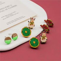 4 Pairs Snowman & Christmas Hat & Wreath Printed Wood Stud Earrings&nbsp;EJEW-OY001-06
