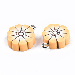 手作り樹脂粘土ペンダント  プラチナトーン鉄パーツ  花  オレンジ  18.5x14~15.5x5mm  穴：2mm&nbsp;CLAY-T016-75