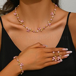 Flower Alloy Rhinestone Link Chain Necklaces & Bracelets & Stud Dangle Earrings Sets&nbsp;FS-WG778CB-01