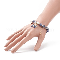 Round Natural Blue Spot Jasper & Shell Pearl Beaded Stretch Bracelet&nbsp;BJEW-TA00191-01