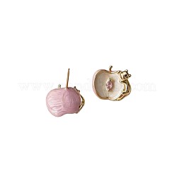 真鍮製パヴェセッティングのシングルキュービックジルコニアスタッドピアス（女性用）  猫の形をしたリンゴ  エナメル  ゴールドカラー  フローラルホワイト  10mm&nbsp;WGF0550-01