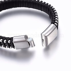 レザー編み込みコードブレスレット  304ステンレススチール製マグネット留め具  長方形  ブラック  8-5/8インチ（22cm）  11x6mm&nbsp;BJEW-E345-11B