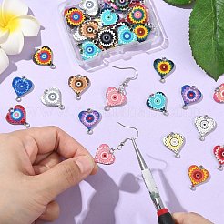 44個22色合金エナメルコネクタチャーム  花柄プリントのハートリンク  プラチナ  ミックスカラー  20x16.5x1.7mm  穴：1.6mm  2個/カラー&nbsp;ENAM-CJ0006-64