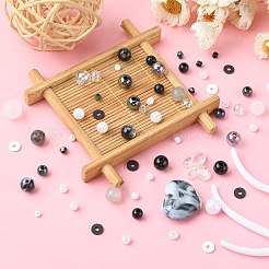DIY天然石風ストレッチブレスレット作成キット  ラウンド & バイコーン & ハート & 蝶形アクリル & ガラスシード & ポリマークレイへーしビーズを含む  白黒  ビーズ：2353個/袋&nbsp;DIY-FS0003-32