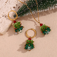 304ステンレススチールエナメルとガラスペンダントネックレス＆フープピアスセット  クリスマスツリー  ゴールドカラー  ネックレス：15.75インチ（40cm）&nbsp;FS-WG4D061-03