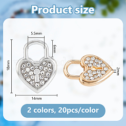 40色合金ラインストーンペンダント2個。  ハートロック  ミックスカラー  18x14x2mm  穴：6x5.5mm  20個/カラー&nbsp;RB-DC0001-11
