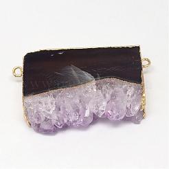 天然のドゥルージーアメジストリンクコネクター  長方形  真鍮のパーツと  ゴールドカラー  23~33x44~50x7~10mm  穴：2mm&nbsp;G-G895-12G