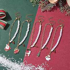 5個 5スタイル クリスマス アクリル模造真珠 & ペーパークリップ チェーン ブレスレット  サンタクロースと鹿の合金エナメルチャームの重ね付けできるブレスレット（女性用）  ミックスカラー  7-1/8インチ（18.2cm）  1個/スタイル&nbsp;BJEW-JB10383